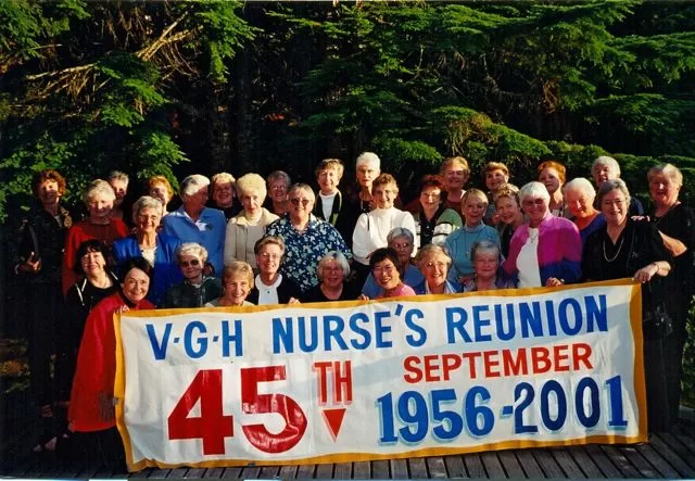 Group photo from 45th VGH Nurses Reunion, class of 1956. Photo from September 2001, submitted from newsletter.