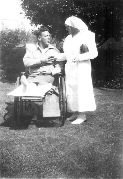 A nurse tends to a male patient identified as "Bill", who is seated in a wheelchair on the hospital lawn.